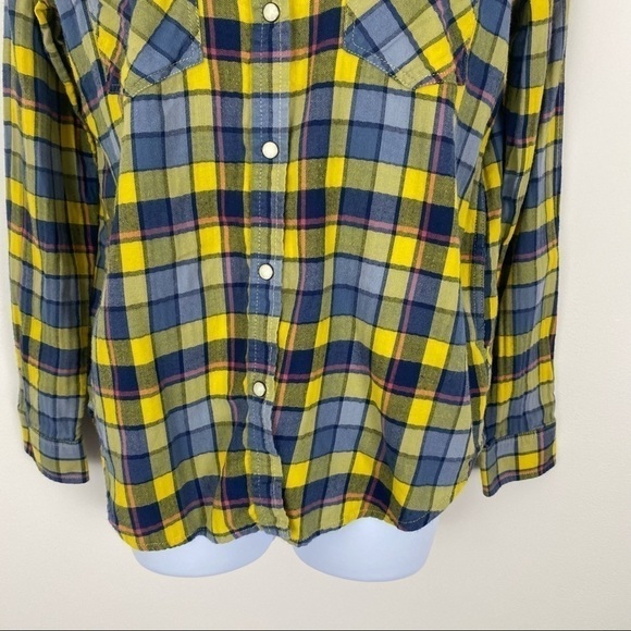 AEO AMERICAN EAGLE Plaid Blue Yellow Flannel Like Snap Front Shirt Fall Winter M - Picture 3 of 7